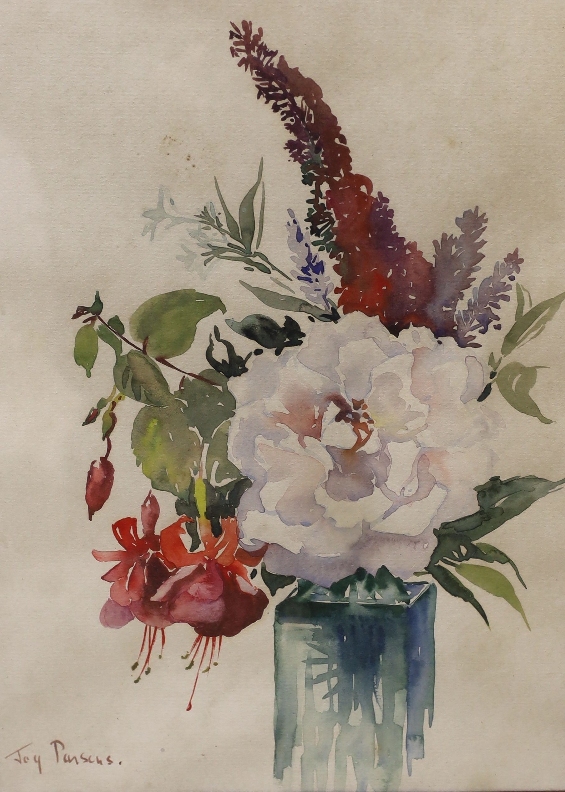 Joy Parsons, watercolour, Still life of flowers in a glass vase, signed, 34 x 25cm